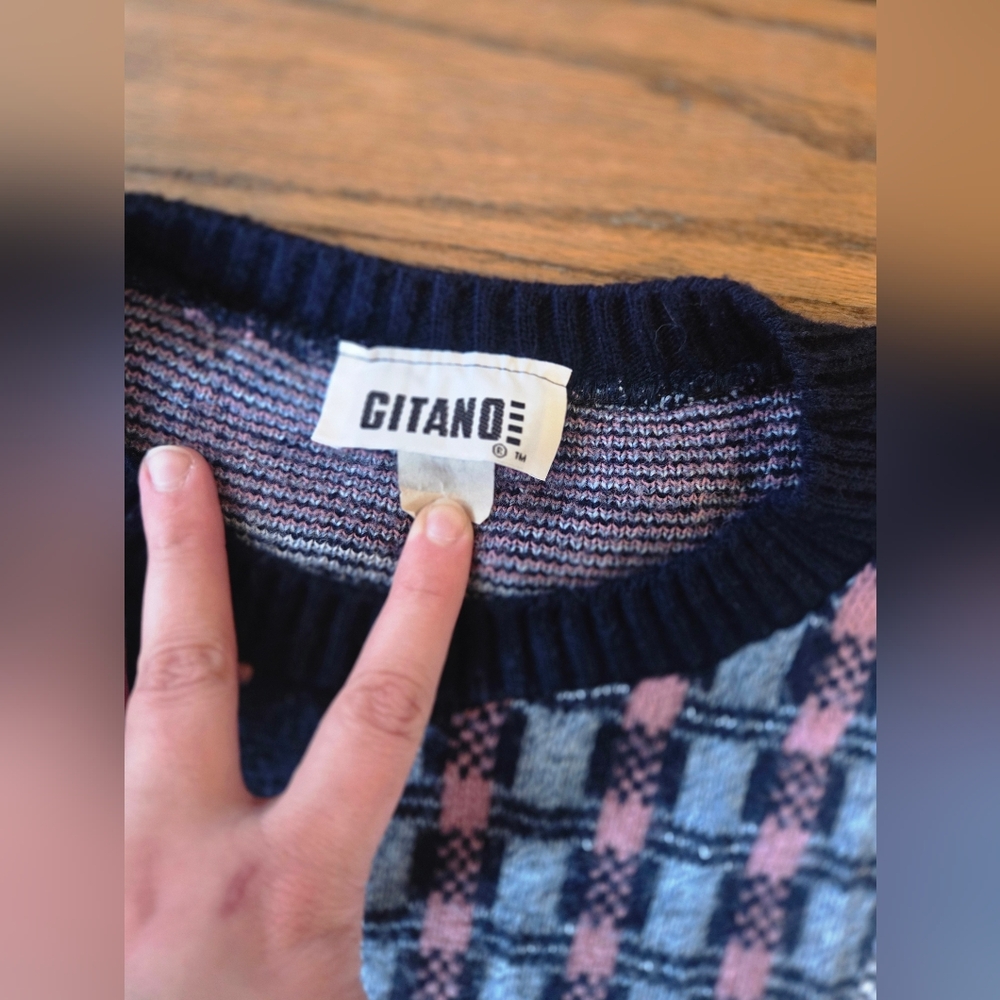 Gitano Navy and Pink Patchwork Knit Pullover - image 3